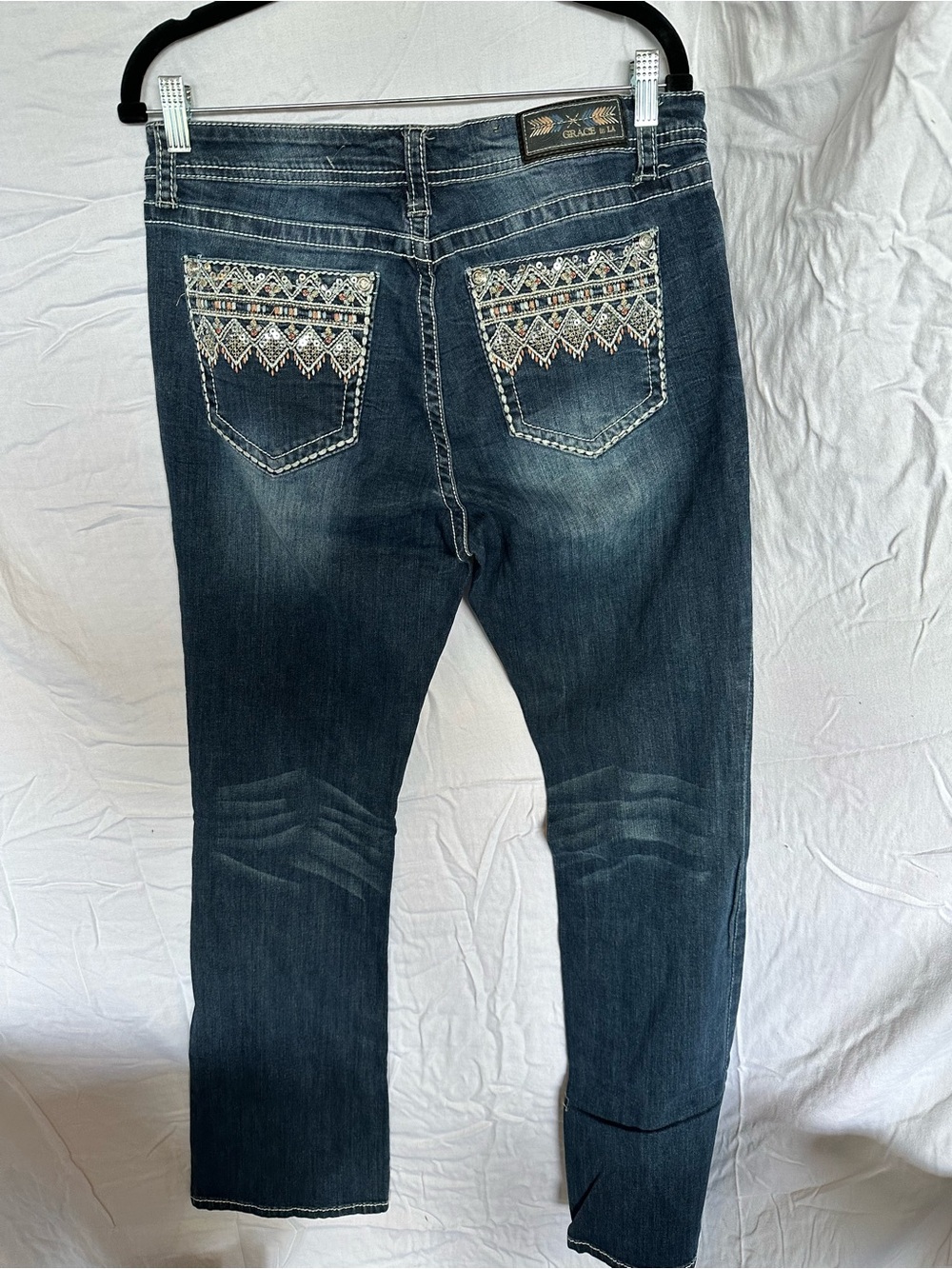 Grace in LA Dark Blue Boot Cut Jeans with Embroidered Aztec Pockets